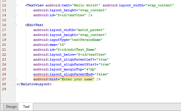 Στον text editor: Αλλαγές με χρήση του text editor: <Button android:id="@+id/button_accept" ( δημιουργούμε την ID με τιμή «button_accept ) android:layout_width="wrap_content" ( Το πλάτος
