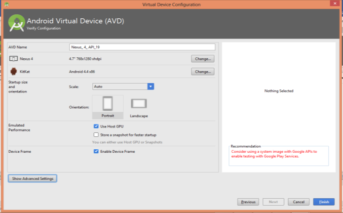 Για τη δημιουργία μίας εικονικής συσκευής κάνουμε κλικ στο κουμπί Create Virtual Device για να ανοίξει ο διάλογος για τη διαμόρφωση (configuration): AVD Name: Όνομα της εικονικής συσκευής.