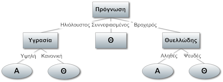 8 Ηλιόλουστος Ήπιος Υψηλή Ψευδές Α 9 Ηλιόλουστος Δροσερός Κανονική Ψευδές Θ 10 Βροχερός Ήπιος Κανονική Ψευδές Θ 11 Ηλιόλουστος Ήπιος Κανονική Αληθές Θ 12 Συννεφιασμένος Ήπιος Υψηλή Αληθές Θ 13