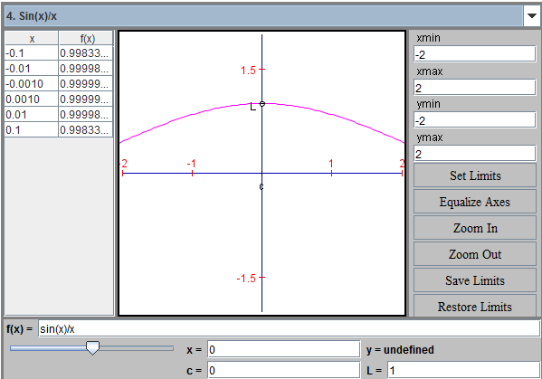 Το όριο της συνάρτησης f(x) = ημx x όταν το x 0 Να μπείτε στην ιστοσελίδα http://www.calculusapplets.com/ και να ανοίξετε το εφαρμογίδιο A table view of limits.