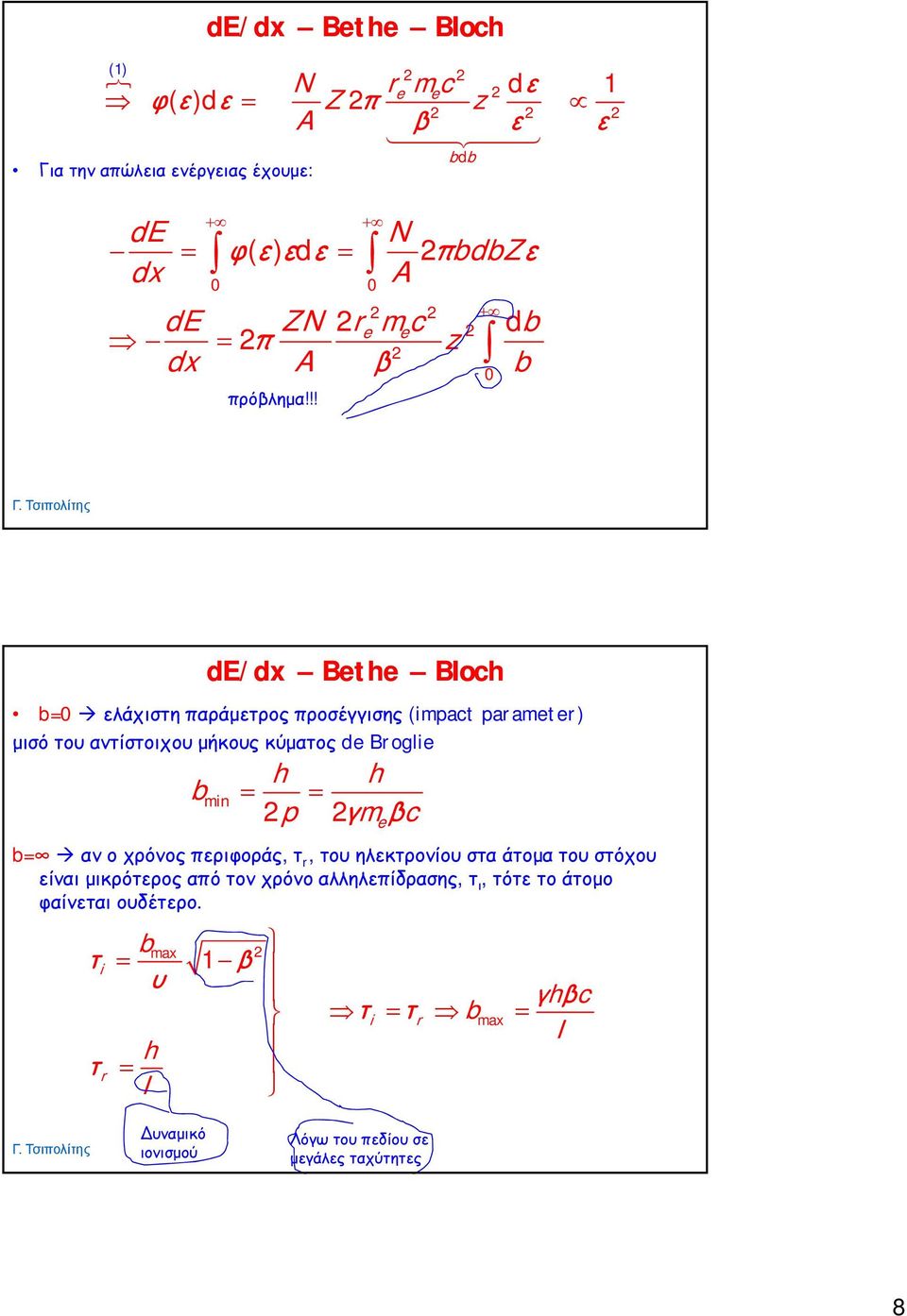 !! 0 de/d Bethe Bloch 0 ελάχιστη παράμετρος προσέγγισης (impact parameter) μισό του αντίστοιχου μήκους κύματος de Broglie min h h p γm e