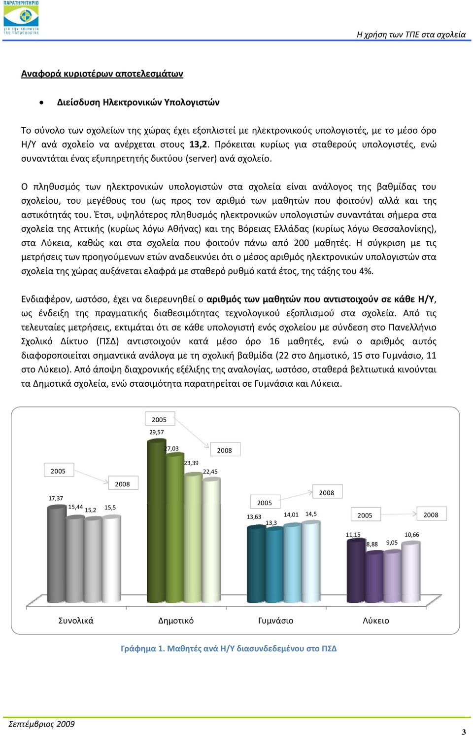 Ο πληθυσμός των ηλεκτρονικών υπολογιστών στα σχολεία είναι ανάλογος της βαθμίδας του σχολείου, του μεγέθους του (ως προς τον αριθμό των μαθητών που φοιτούν) αλλά και της αστικότητάς του.