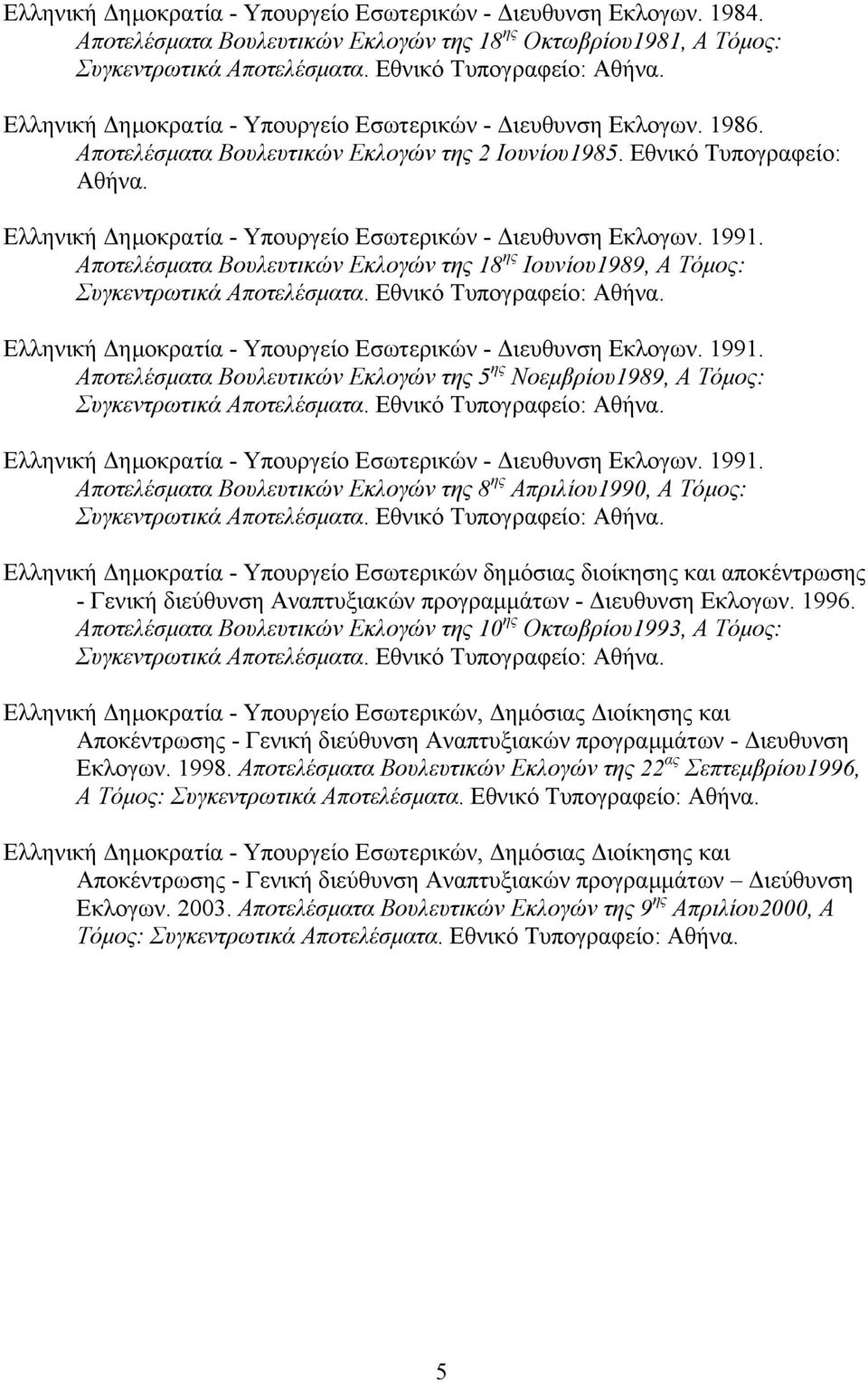 Αποτελέσµατα Βουλευτικών Εκλογών της 18 ης Ιουνίου1989, Α Τόµος: Ελληνική ηµοκρατία - Υπουργείο Εσωτερικών - ιευθυνση Εκλογων. 1991.