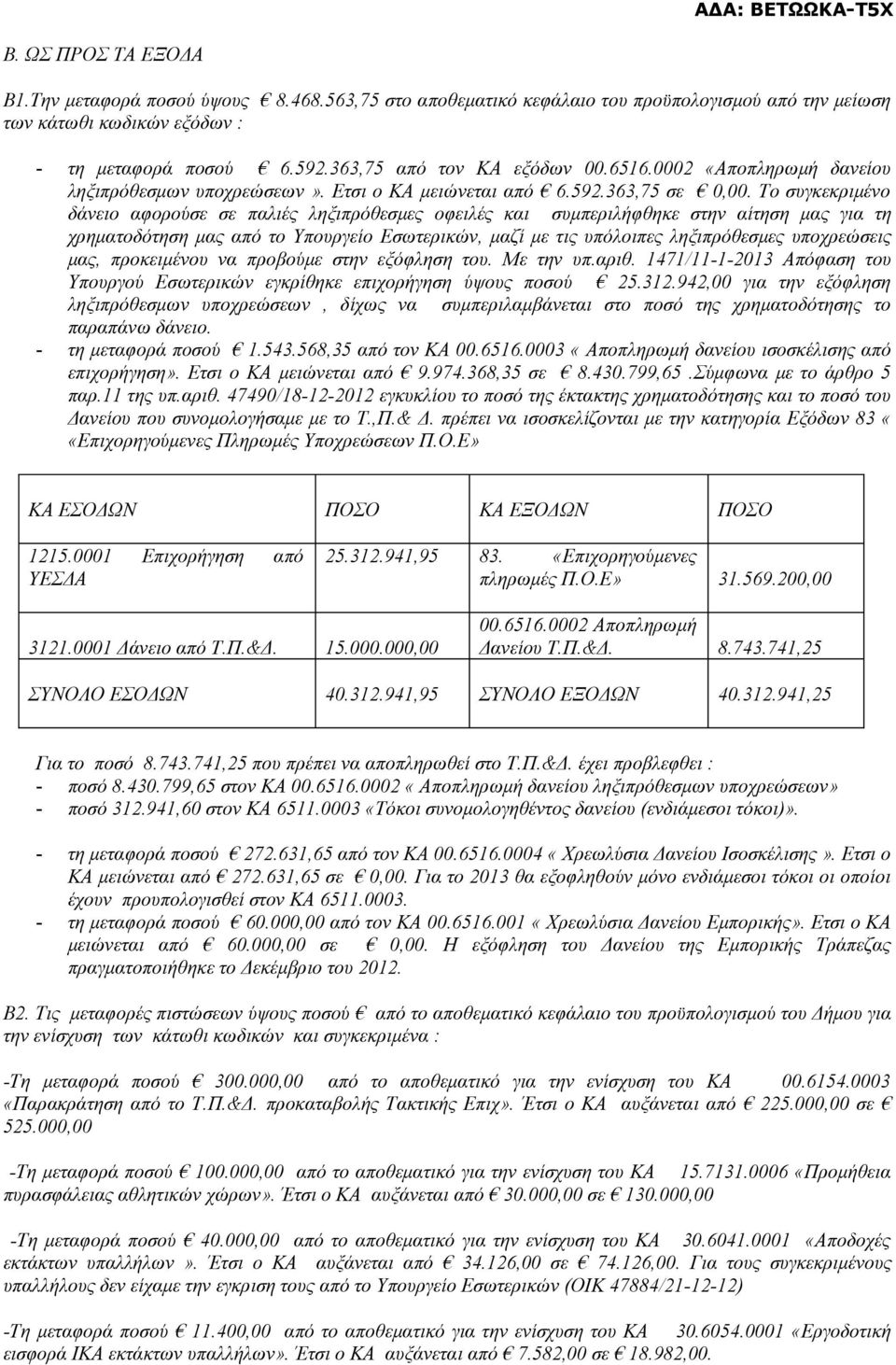 Το συγκεκριμένο δάνειο αφορούσε σε παλιές ληξιπρόθεσμες οφειλές και συμπεριλήφθηκε στην αίτηση μας για τη χρηματοδότηση μας από το Υπουργείο Εσωτερικών, μαζί με τις υπόλοιπες ληξιπρόθεσμες