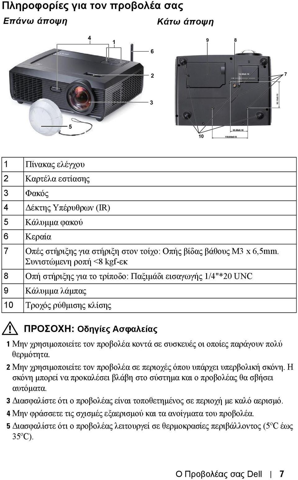 Συνιστώµενη ροπή <8 kgf-εκ 8 Οπή στήριξης για το τρίποδο: Παξιµάδι εισαγωγής 1/4"*20 UNC 9 Κάλυµµα λάµπας 10 Τροχός ρύθµισης κλίσης ΠΡΟΣΟΧΗ: Οδηγίες Ασφαλείας 1 Μην χρησιµοποιείτε τον προβολέα κοντά