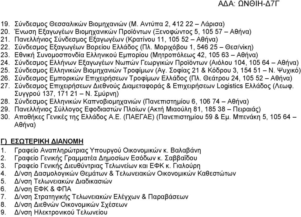 Δζληθή πλνκνζπνλδία Διιεληθνύ Δκπνξίνπ (Μεηξνπόιεσο 42, 105 63 Αζήλα) 24. ύλδεζκνο Διιήλσλ Δμαγσγέσλ Νσπώλ Γεσξγηθώλ Πξντόλησλ (Αηόινπ 104, 105 64 Αζήλα) 25.