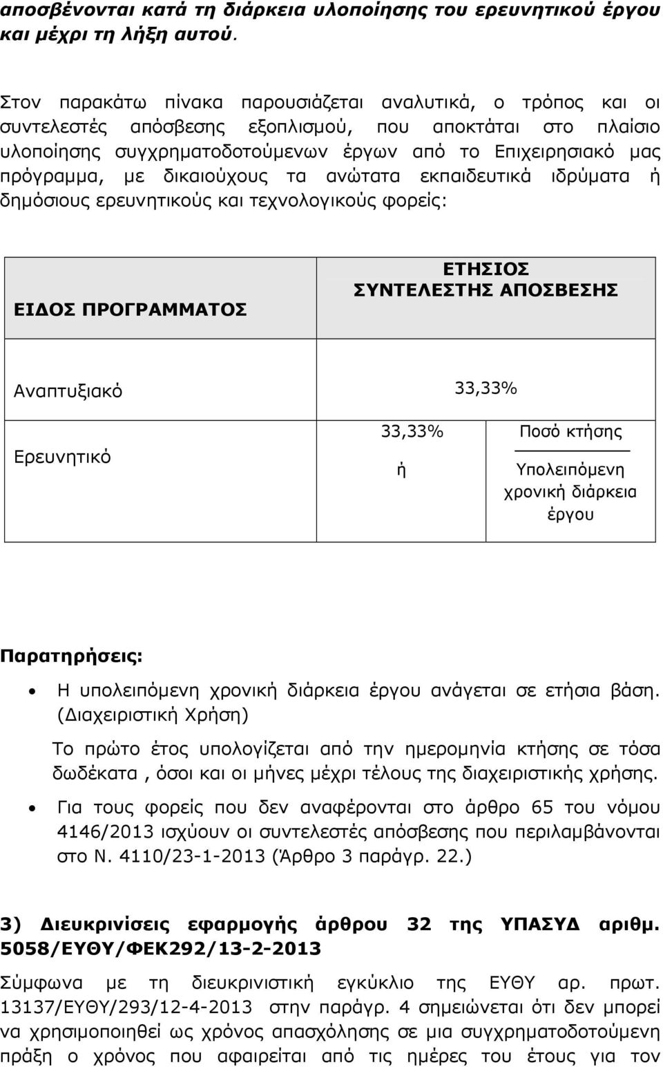 δικαιούχους τα ανώτατα εκπαιδευτικά ιδρύµατα ή δηµόσιους ερευνητικούς και τεχνολογικούς φορείς: ΕΙ ΟΣ ΠΡΟΓΡΑΜΜΑΤΟΣ ΕΤΗΣΙΟΣ ΣΥΝΤΕΛΕΣΤΗΣ ΑΠΟΣΒΕΣΗΣ Αναπτυξιακό 33,33% Ερευνητικό 33,33% ή Ποσό κτήσης