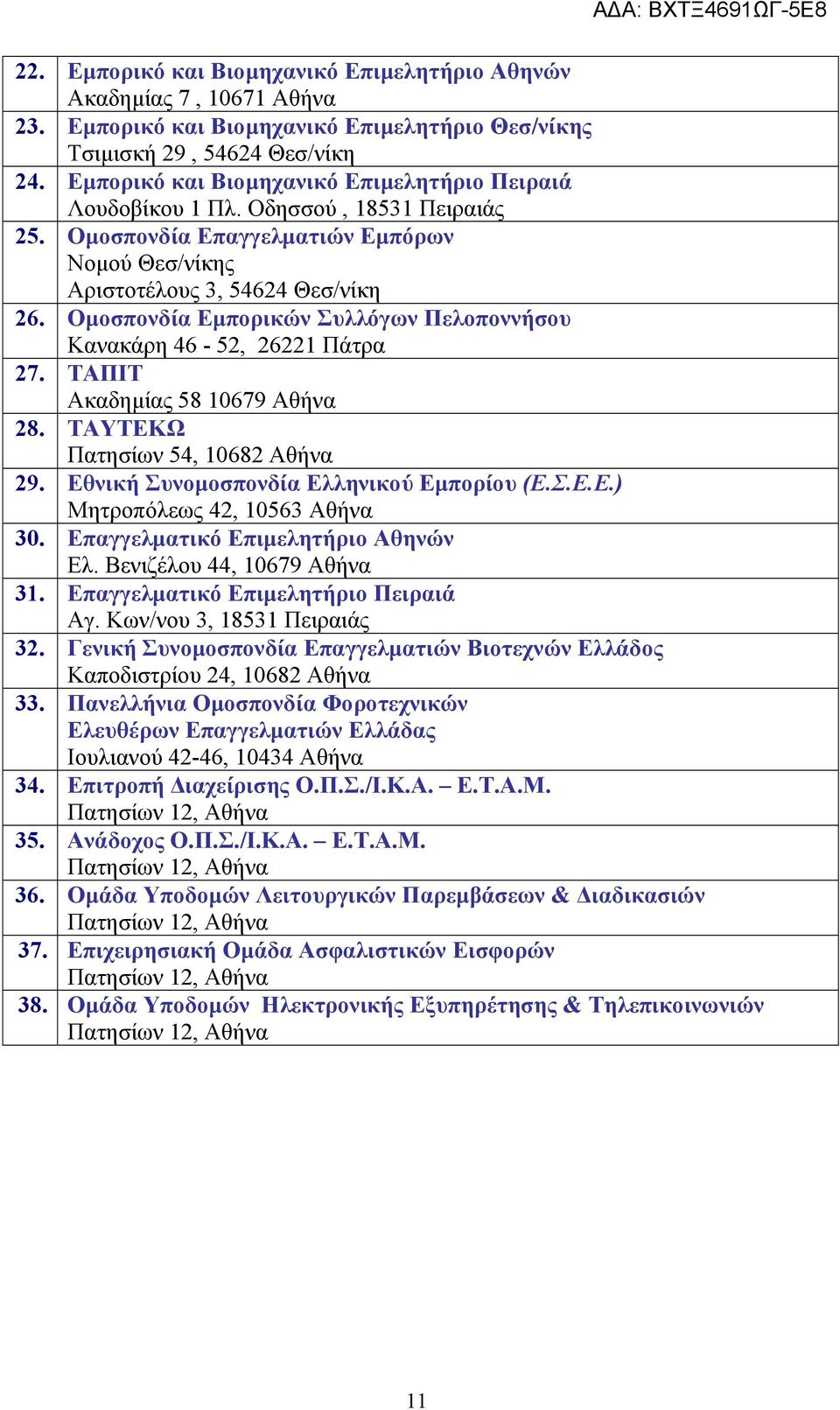 Ομοσπονδία Εμπορικών Συλλόγων Πελοποννήσου Κανακάρη 46-52, 26221 Πάτρα 27. ΤΑΠΙΤ Ακαδημίας 58 10679 Αθήνα 28. ΤΑΥΤΕΚΩ Πατησίων 54, 10682 Αθήνα 29. Εθνική Συνομοσπονδία Ελληνικού Εμπορίου (Ε.Σ.Ε.Ε.) Μητροπόλεως 42, 10563 Αθήνα 30.