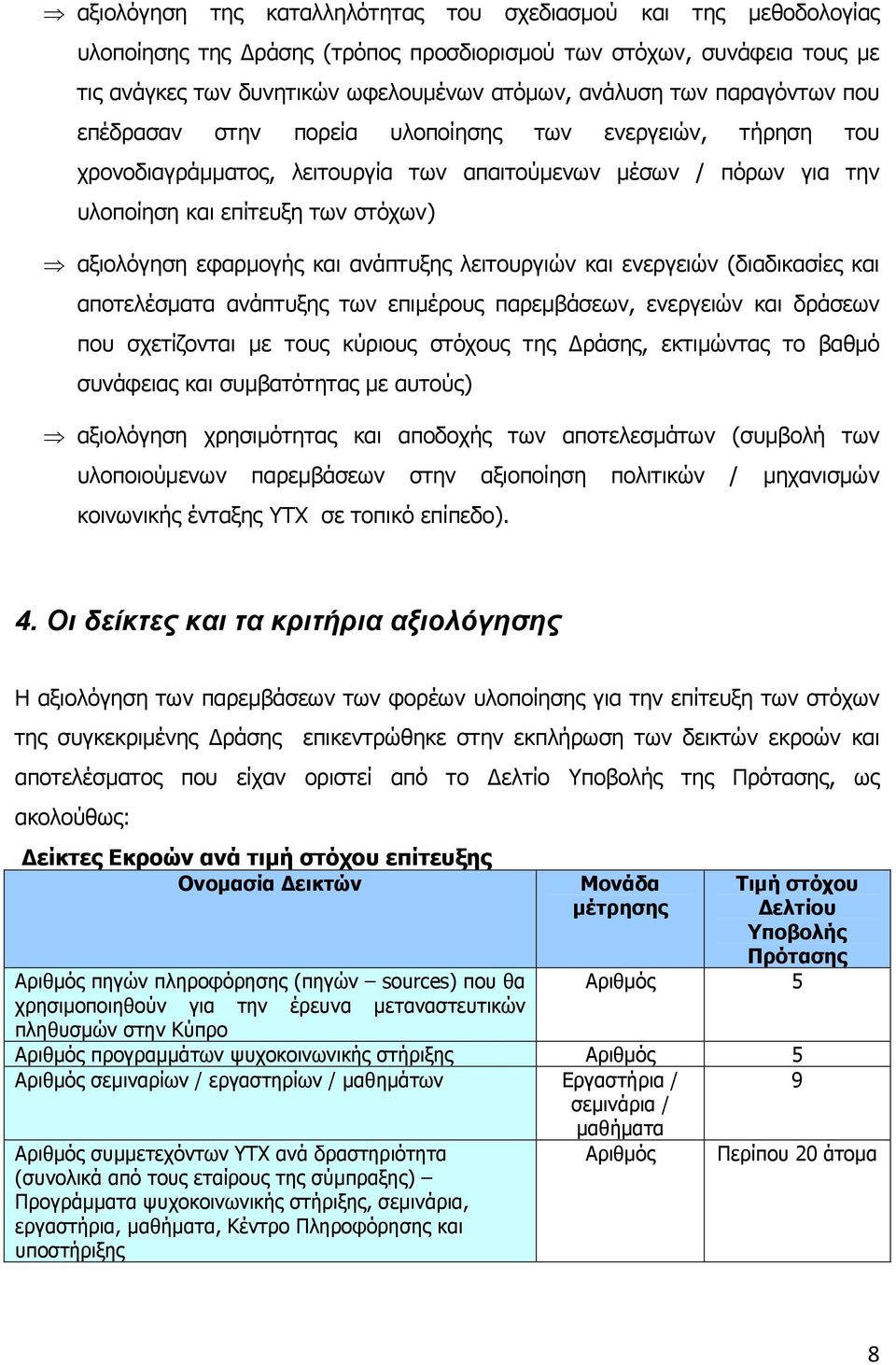 και ανάπτυξης λειτουργιών και ενεργειών (διαδικασίες και αποτελέσματα ανάπτυξης των επιμέρους παρεμβάσεων, ενεργειών και δράσεων που σχετίζονται με τους κύριους στόχους της Δράσης, εκτιμώντας το