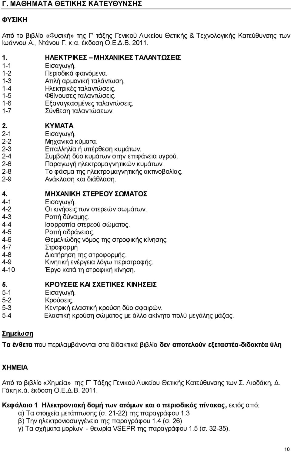 1-7 ύλζεζε ηαιαληώζεσλ. 2. ΚΤΜΑΣΑ 2-1 Δηζαγσγή. 2-2 Μεραληθά θύκαηα. 2-3 Δπαιιειία ή ππέξζεζε θπκάησλ. 2-4 πκβνιή δύν θπκάησλ ζηελ επηθάλεηα πγξνύ. 2-6 Παξαγσγή ειεθηξνκαγλεηηθώλ θπκάησλ.