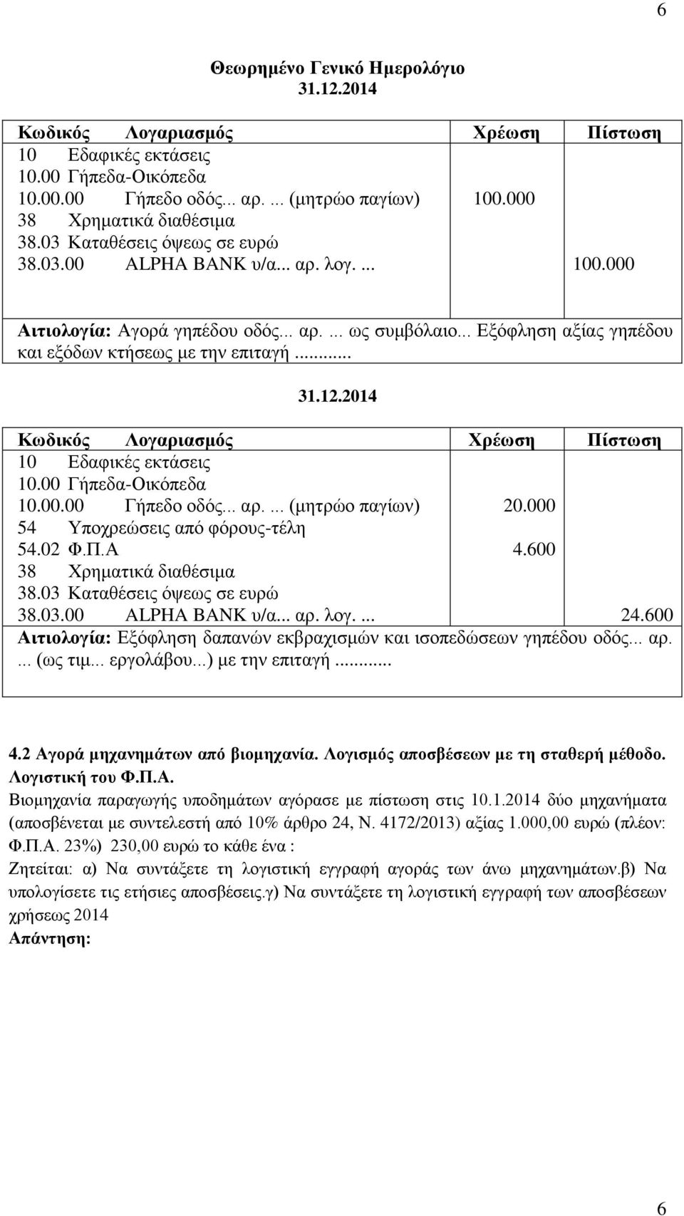 2014 Κωδικός Λoγαριασμός Χρέωση Πίστωση 10 Εδαφικές εκτάσεις 10.00 Γήπεδα-Oικόπεδα 10.00.00 Γήπεδο οδός... αρ.... (μητρώο παγίων) 20.000 54 Υποχρεώσεις από φόρους-τέλη 54.02 Φ.Π.Α 4.