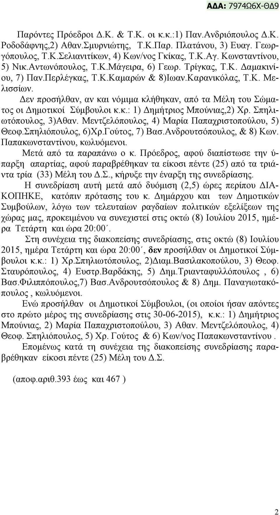 Δεν προσήλθαν, αν και νόμιμα κλήθηκαν, από τα Μέλη του Σώματος οι Δημοτικοί Σύμβουλοι κ.κ.: 1) Δημήτριος Μπούνιας,2) Χρ. Σπηλιωτόπουλος, 3)Αθαν. Μεντζελόπουλος, 4) Μαρία Παπαχριστοπούλου, 5) Θεοφ.