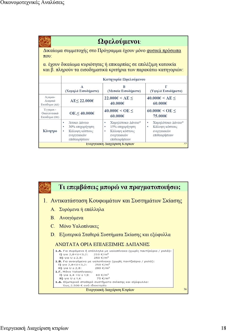 πληρούν τα εισοδηµατικά κριτήρια των παρακάτω κατηγοριών: Ενεργειακή ιαχείριση Κτιρίων 35 Τι επεµβάσεις µπορώ να πραγµατοποιήσω; 1.