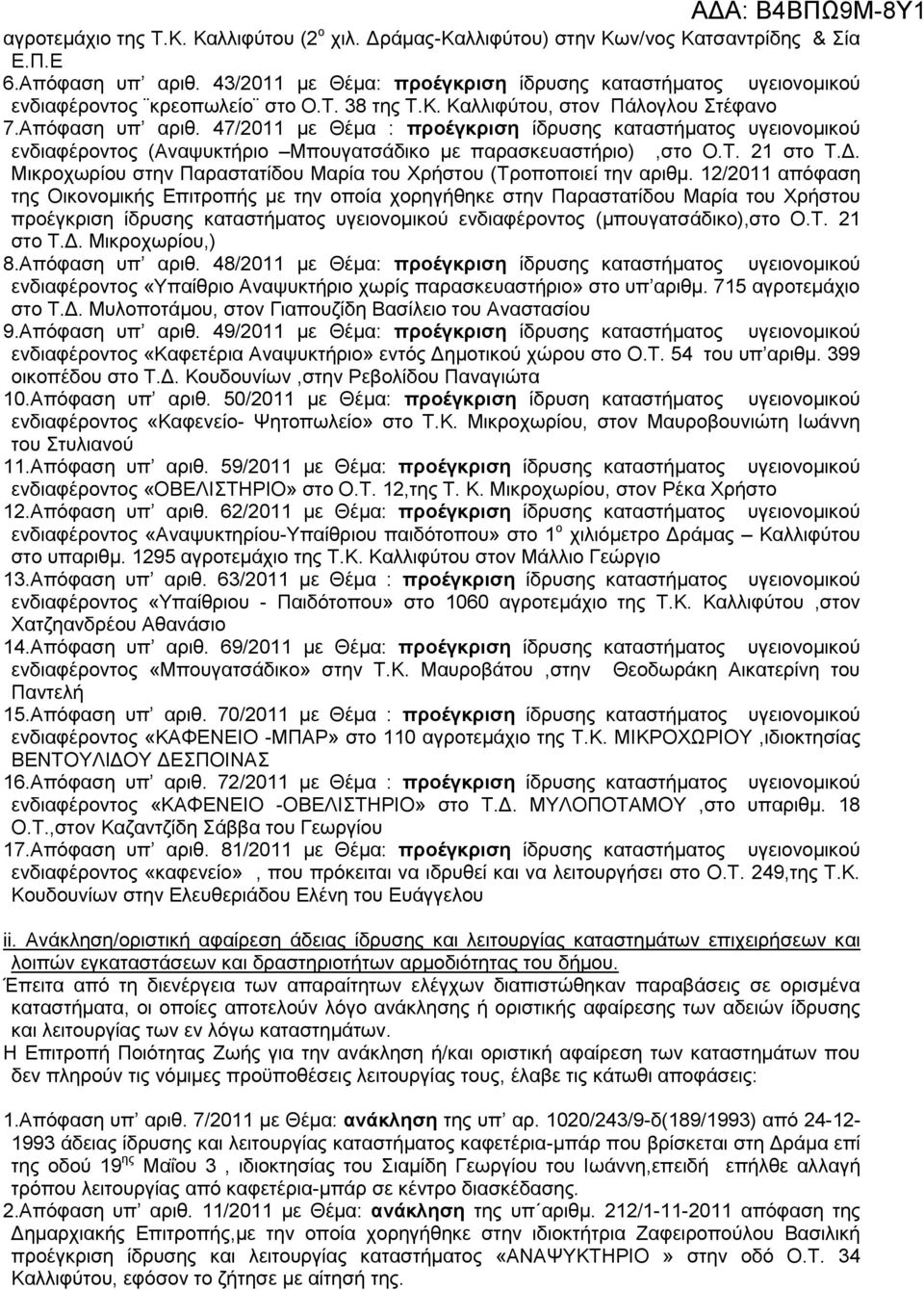 47/2011 κε Θέκα : προέγθρηζε ίδξπζεο θαηαζηήκαηνο πγεηνλνκηθνχ ελδηαθέξνληνο (Αλαςπθηήξην Μπνπγαηζάδηθν κε παξαζθεπαζηήξην),ζην Ο.Σ. 21 ζην Σ.Γ.