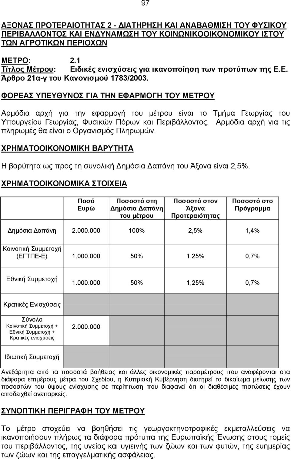 ΦΟΡΕΑΣ ΥΠΕΥΘΥΝΟΣ ΓΙΑ ΤΗΝ ΕΦΑΡΜΟΓΗ ΤΟΥ ΜΕΤΡΟΥ Αρµόδια αρχή για την εφαρµογή του µέτρου είναι το Τµήµα Γεωργίας του Υπουργείου Γεωργίας, Φυσικών Πόρων και Περιβάλλοντος.