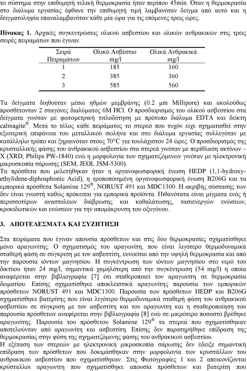 Αρχικές συγκεντρώσεις ολικού ασβεστίου και ολικών ανθρακικών στις τρεις σειρές πειραµάτων που έγιναν.