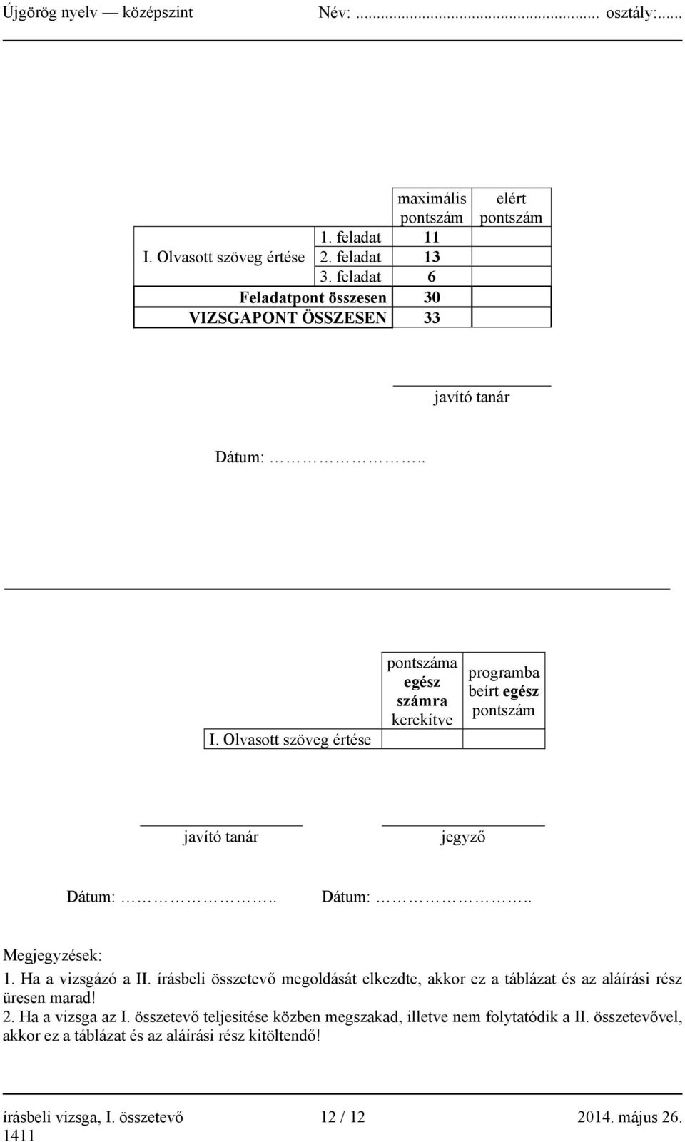 Olvasott szöveg értése pontszáma egész számra kerekítve programba beírt egész pontszám javító tanár jegyző Dátum:.. Dátum:.. Megjegyzések: 1.