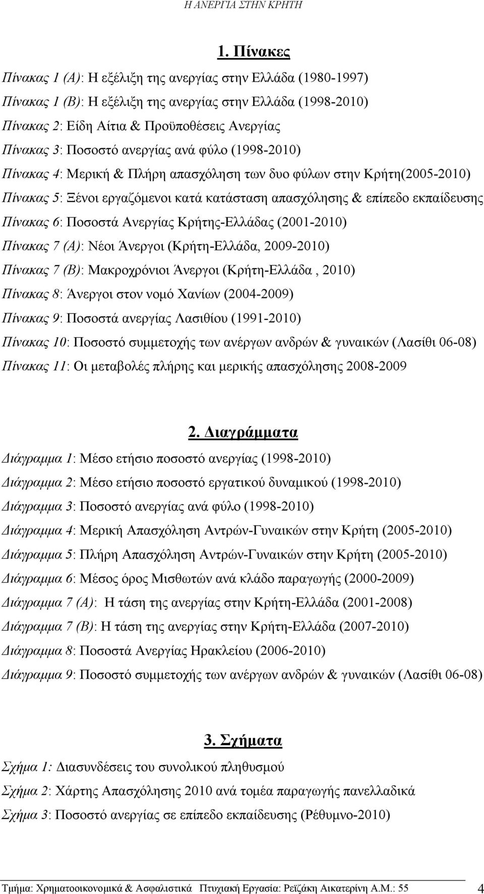 Ανεργίας Κρήτης-Ελλάδας (2001-2010) Πίνακας 7 (Α): Νέοι Άνεργοι (Κρήτη-Ελλάδα, 2009-2010) Πίνακας 7 (Β): Μακροχρόνιοι Άνεργοι (Κρήτη-Ελλάδα, 2010) Πίνακας 8: Άνεργοι στον νομό Χανίων (2004-2009)