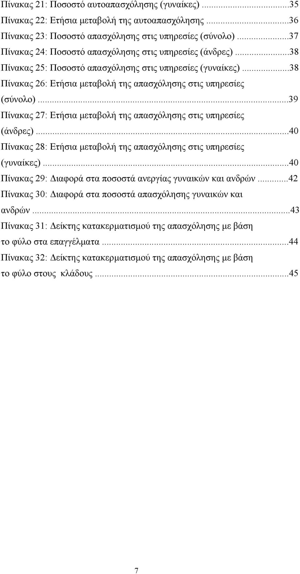 ..39 Πίνακας 27: Ετήσια µεταβολή της απασχόλησης στις υπηρεσίες (άνδρες)...40 Πίνακας 28: Ετήσια µεταβολή της απασχόλησης στις υπηρεσίες (γυναίκες).