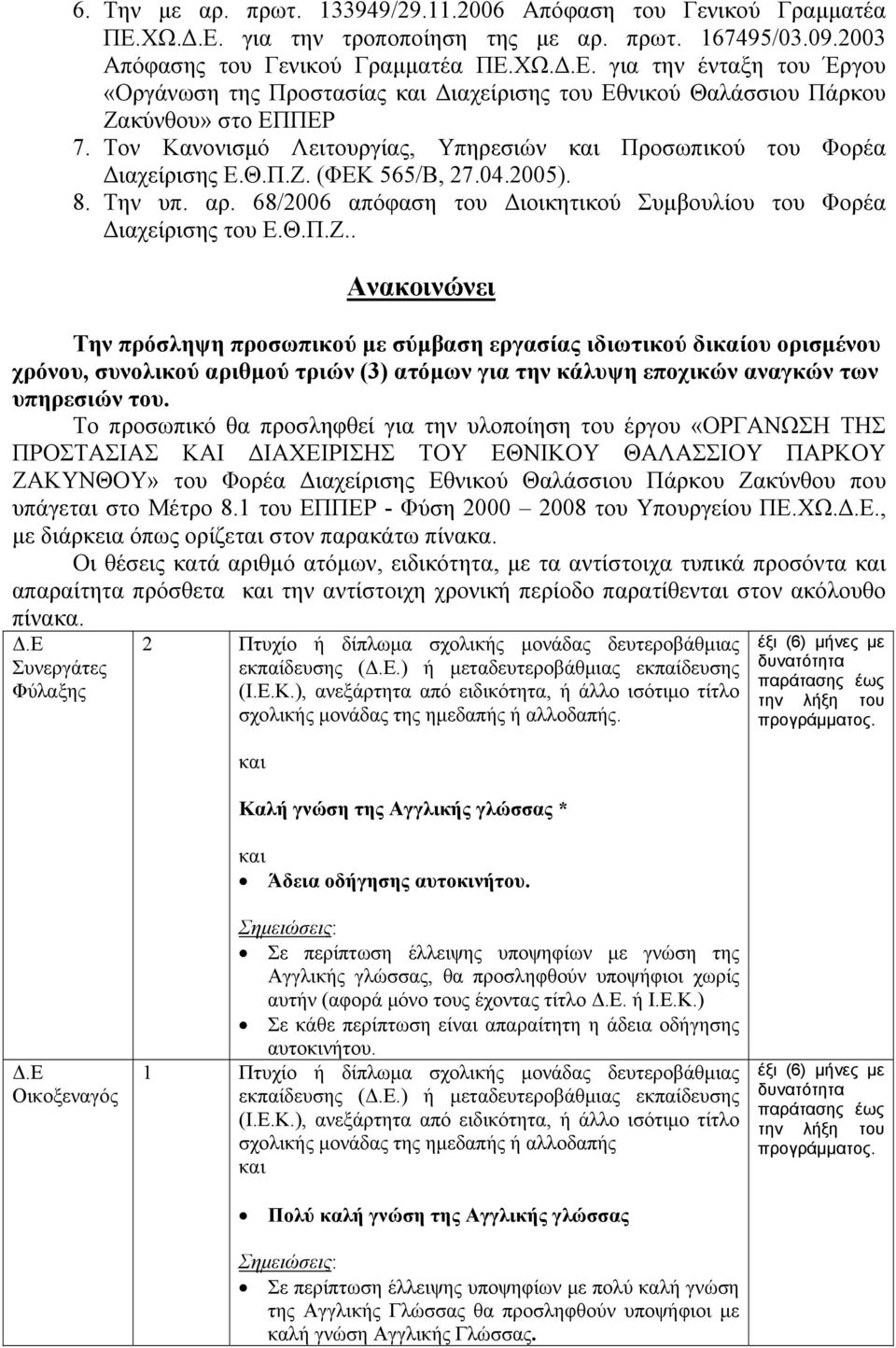 (ΦΕΚ 565/Β, 27.04.2005). 8. Την υπ. αρ. 68/2006 απόφαση του Διοικητικού Συμβουλίου του Φορέα Διαχείρισης του Ε.Θ.Π.Ζ.