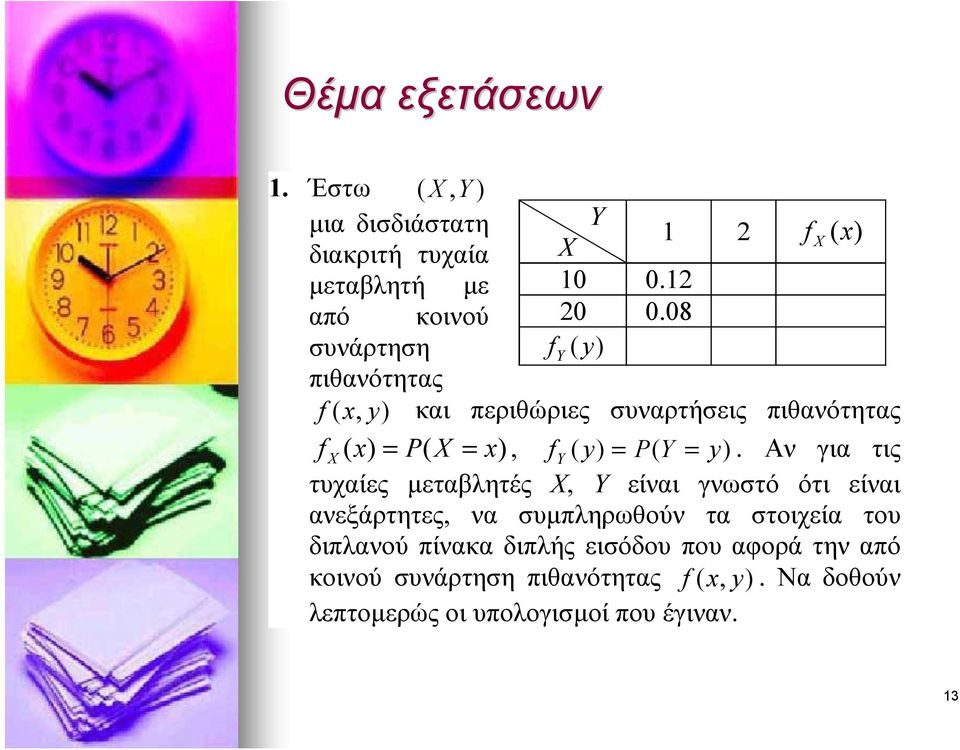 y). Αν για τις τυχαίες μεταβλητές Χ, Υ είναι γνωστό ότι είναι ανεξάρτητες, να συμπληρωθούν τα στοιχεία του διπλανού