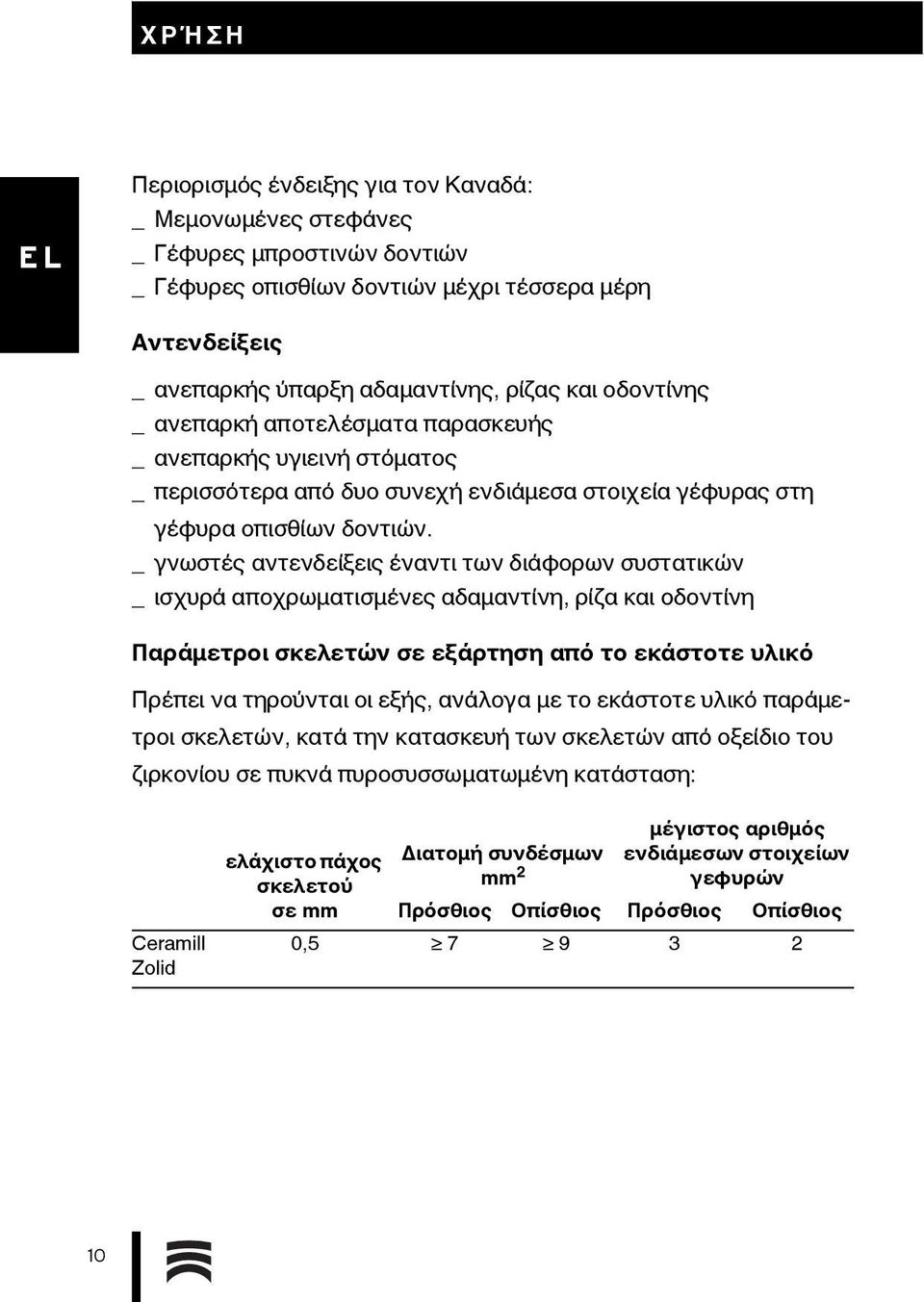 _ γνωστές αντενδείξεις έναντι των διάφορων συστατικών _ ισχυρά αποχρωματισμένες αδαμαντίνη, ρίζα και οδοντίνη Παράμετροι σκελετών σε εξάρτηση από το εκάστοτε υλικό Πρέπει να τηρούνται οι εξής,