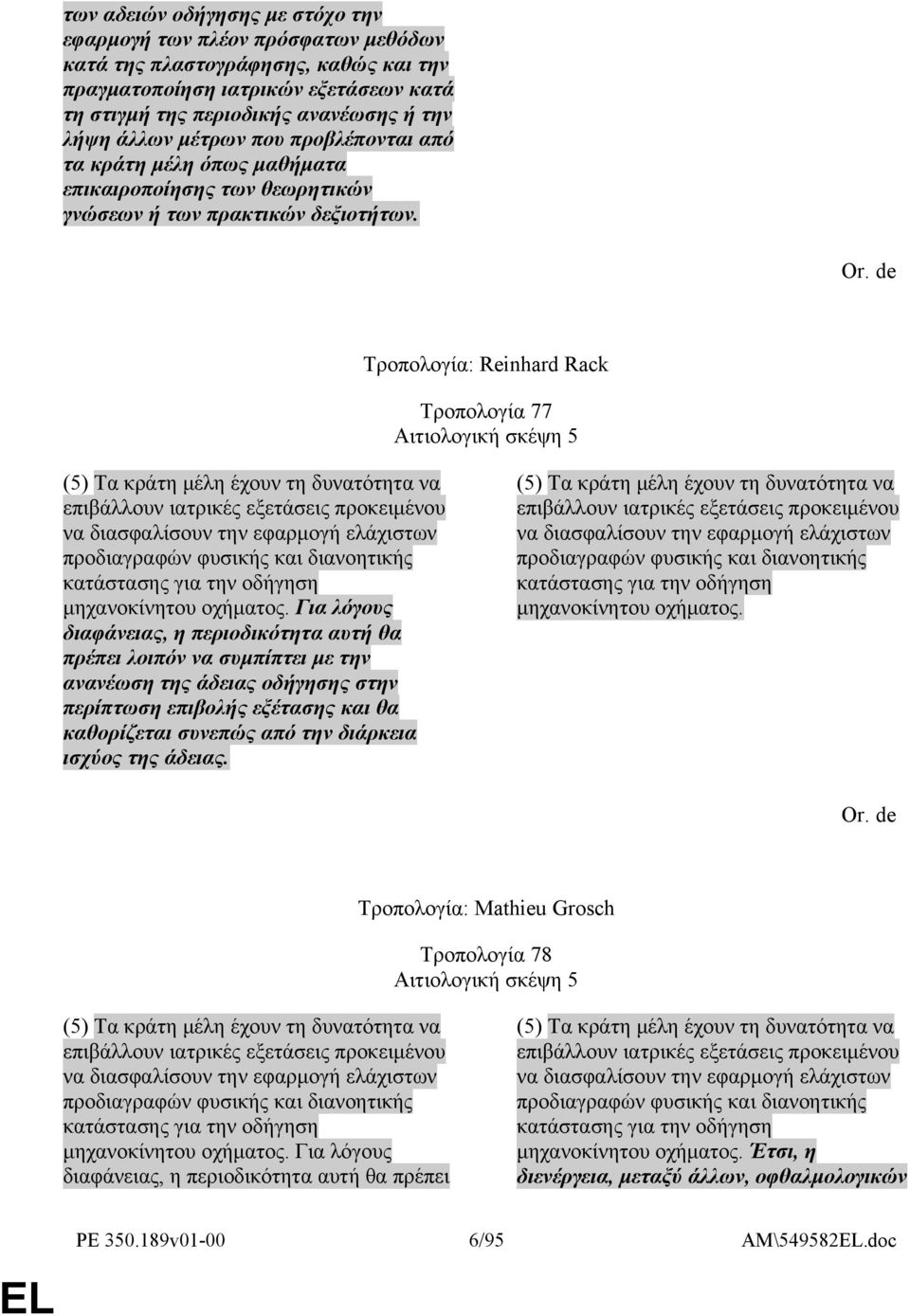 Τροπολογία: Reinhard Rack Τροπολογία 77 Αιτιολογική σκέψη 5 (5) Τα κράτη μέλη έχουν τη δυνατότητα να επιβάλλουν ιατρικές εξετάσεις προκειμένου να διασφαλίσουν την εφαρμογή ελάχιστων προδιαγραφών