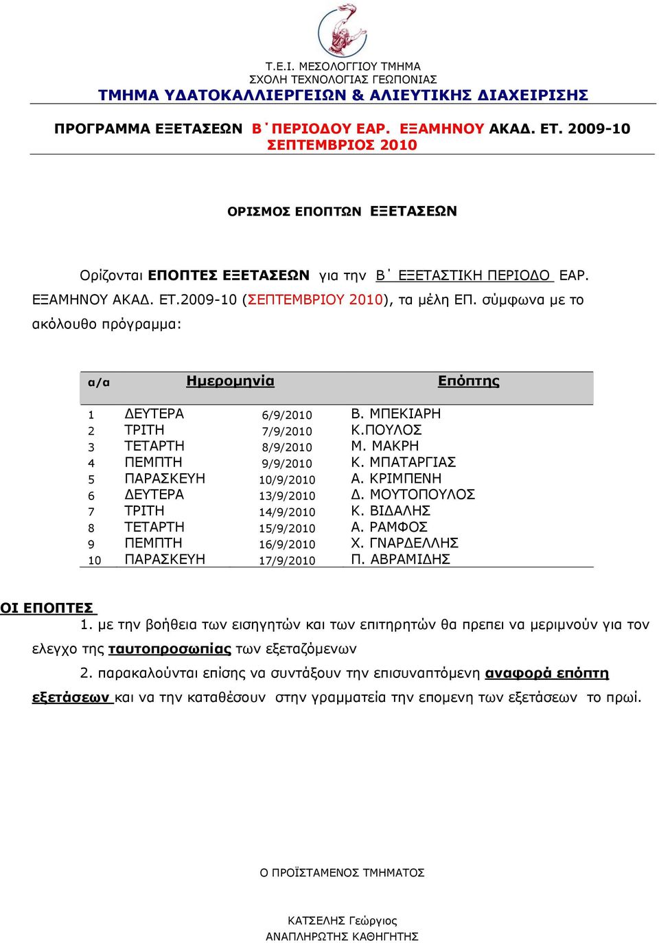 ΜΟΥΤΟΠΟΥΛΟΣ 7 ΤΡΙΤΗ Κ. 8 ΤΕΤΑΡΤΗ Α. 9 ΠΕΜΠΤΗ Χ. ΓΝΑΡΔΕΛΛΗΣ 10 ΠΑΡΑΣΚΕΥΗ Π. ΑΒΡΑΜΙΔΗΣ ΟΙ ΕΠΟΠΤΕΣ 1.