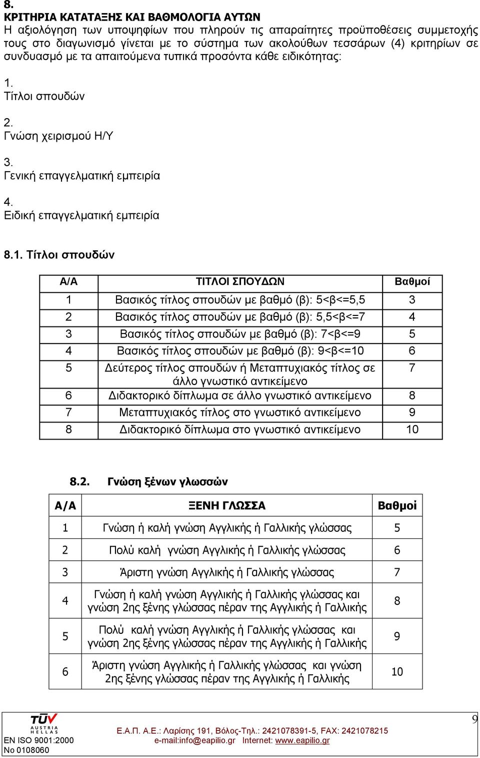 Τίτλοι σπουδών 2. Γνώση χειρισμού Η/Υ 3. Γενική επαγγελματική εμπειρία 4. Ειδική επαγγελματική εμπειρία 8.1.