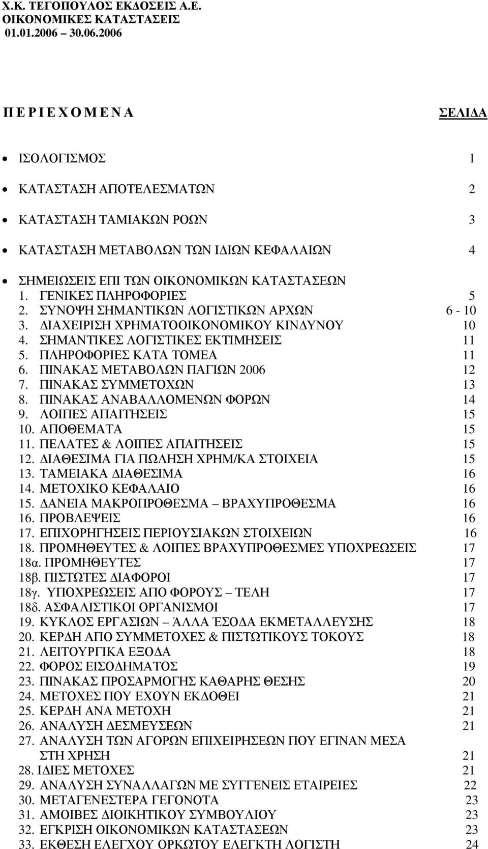 ΠΙΝΑΚΑΣ ΜΕΤΑΒΟΛΩΝ ΠΑΓΙΩΝ 2006 12 7. ΠΙΝΑΚΑΣ ΣΥΜΜΕΤΟΧΩΝ 13 8. ΠΙΝΑΚΑΣ ΑΝΑΒΑΛΛΟΜΕΝΩΝ ΦΟΡΩΝ 14 9. ΛΟΙΠΕΣ ΑΠΑΙΤΗΣΕΙΣ 15 10. ΑΠΟΘΕΜΑΤΑ 15 11. ΠΕΛΑΤΕΣ & ΛΟΙΠΕΣ ΑΠΑΙΤΗΣΕΙΣ 15 12.