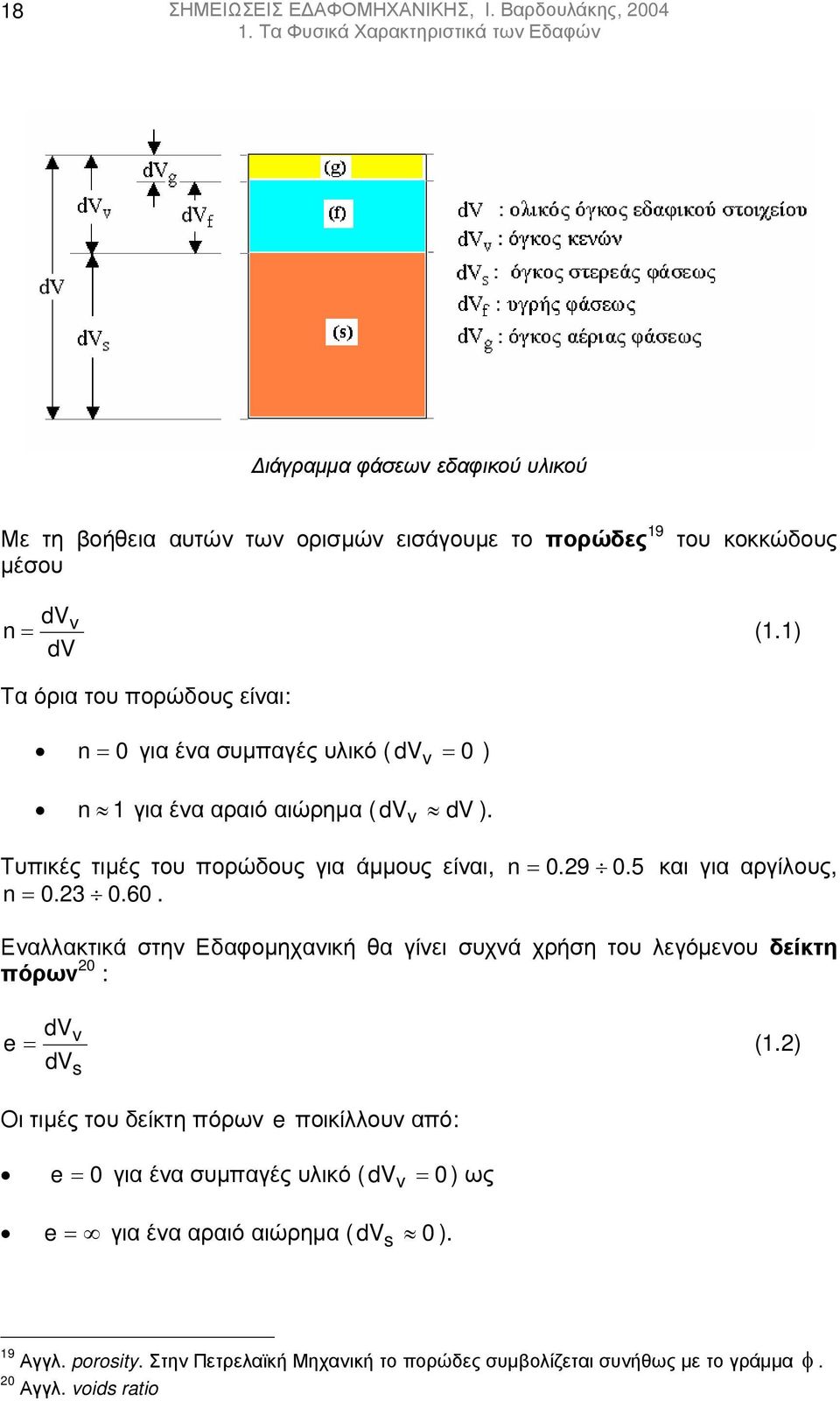 5 και για αργίλους, n = 0.23 0.60. Εναλλακτικά στην Εδαφοµηχανική θα γίνει συχνά χρήση του λεγόµενου δείκτη πόρων 20 : dvv e = (1.