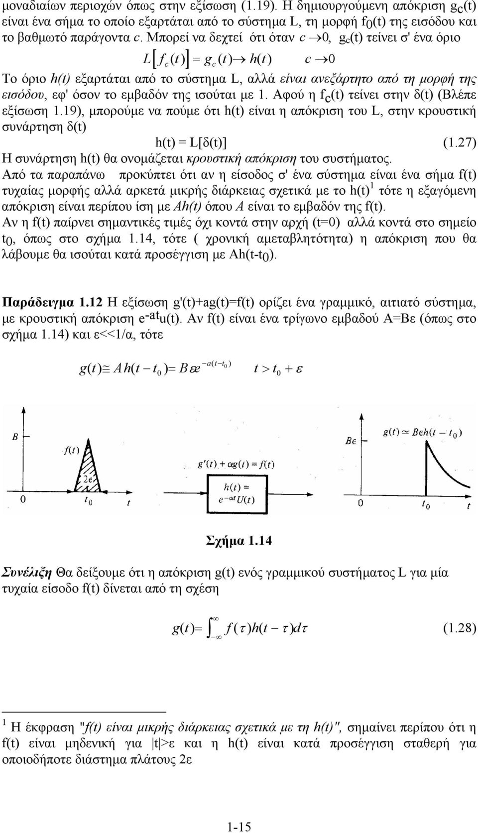 ισούται με. Αφού η fc() τείνει στην δ() (Βλέπε εξίσωση.9), μπορούμε να πούμε ότι h() είναι η απόκριση του L, στην κρουστική συνάρτηση δ() h() = L[δ()] (.