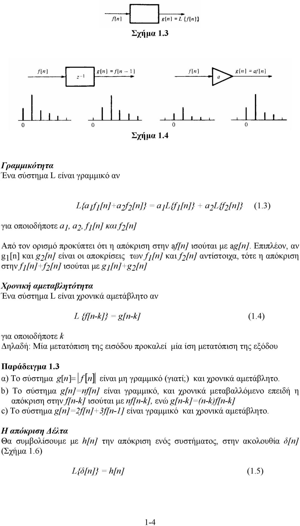 g[-k] (.4) για οποιοδήποτε k Δηλαδή: Μία μετατόπιση της εισόδου προκαλεί μία ίση μετατόπιση της εξόδου Παράδειγμα.3 α) Το σύστημα g [ ]= f[ ] είναι μη γραμμικό (γιατί;) και χρονικά αμετάβλητο.