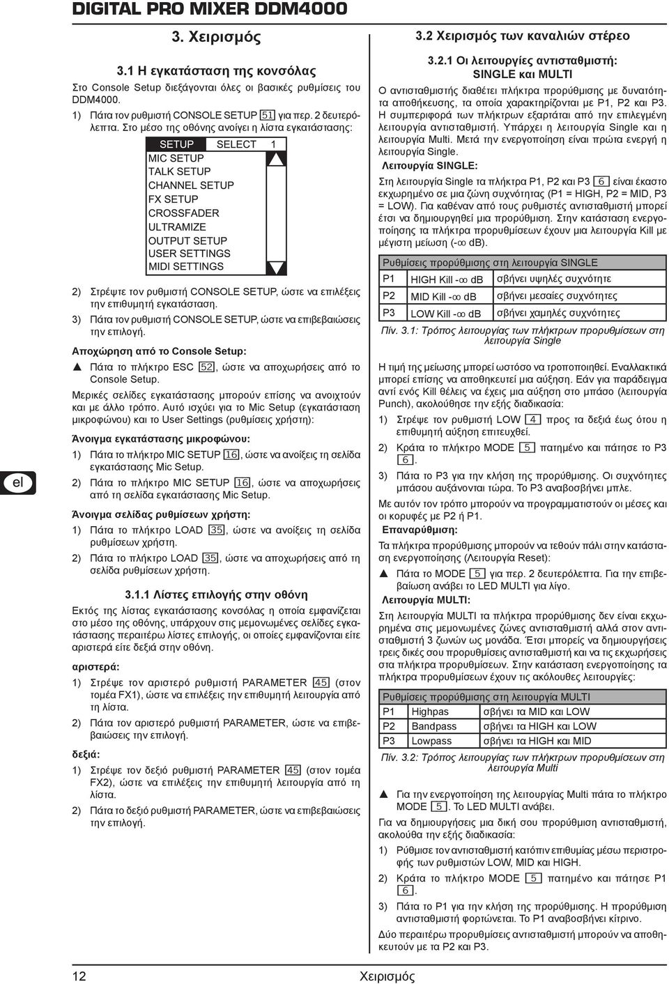 Πάτα τον ρυθμιστή CONSOLE SETUP, ώστε να επιβεβαιώσεις την επιλογή. Αποχώρηση από το Console Setup: = = Πάτα το πλήκτρο ESC [52], ώστε να αποχωρήσεις από το Console Setup.