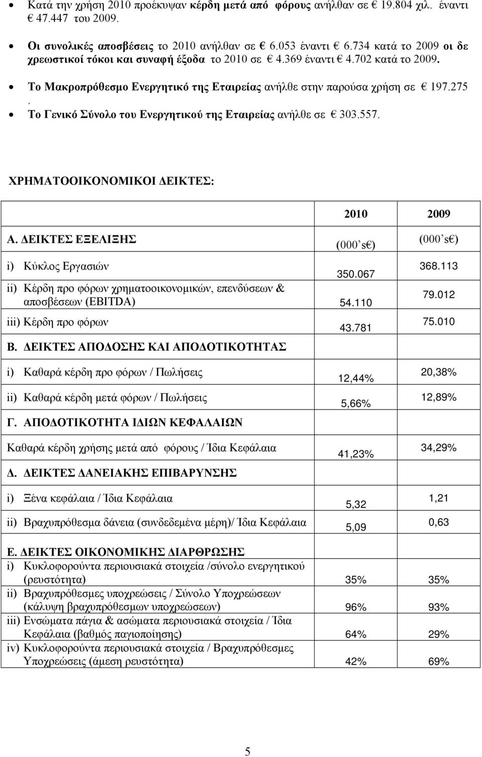 Το Γενικό Σύνολο του Ενεργητικού της Εταιρείας ανήλθε σε 303.557. ΧΡΗΜΑΤΟΟΙΚΟΝΟΜΙΚΟΙ ΔΕΙΚΤΕΣ: 2010 2009 Α. ΔΕΙΚΤΕΣ ΕΞΕΛΙΞΗΣ (000 s ) i) Κύκλος Εργασιών 350.