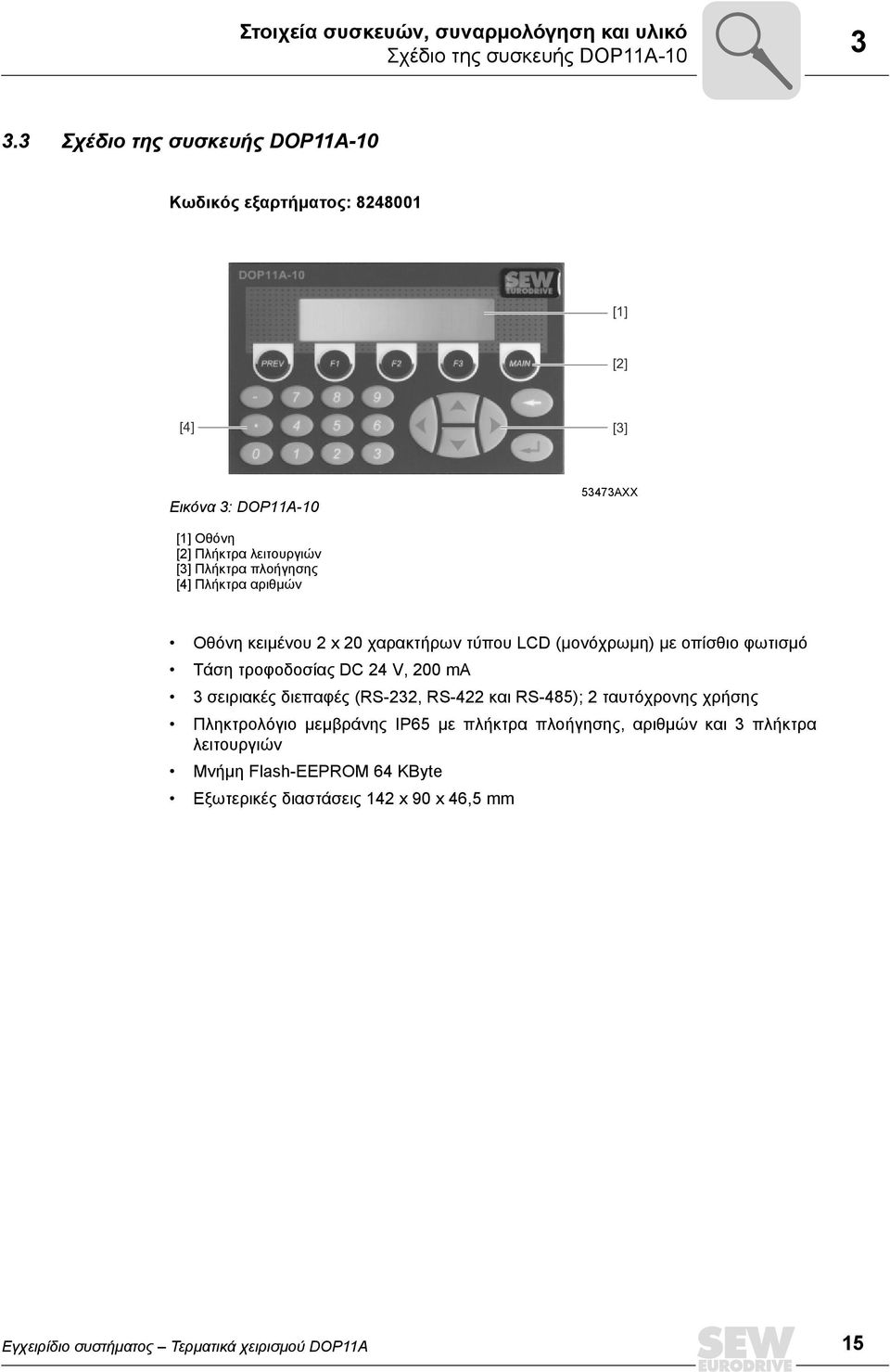 [4] Πλήκτρα αριθµών Οθόνη κειµένου 2 x 2 χαρακτήρων τύπου LCD (µονόχρωµη) µε οπίσθιο φωτισµό Τάση τροφοδοσίας DC 24 V, 2 ma 3 σειριακές διεπαφές (RS-232,