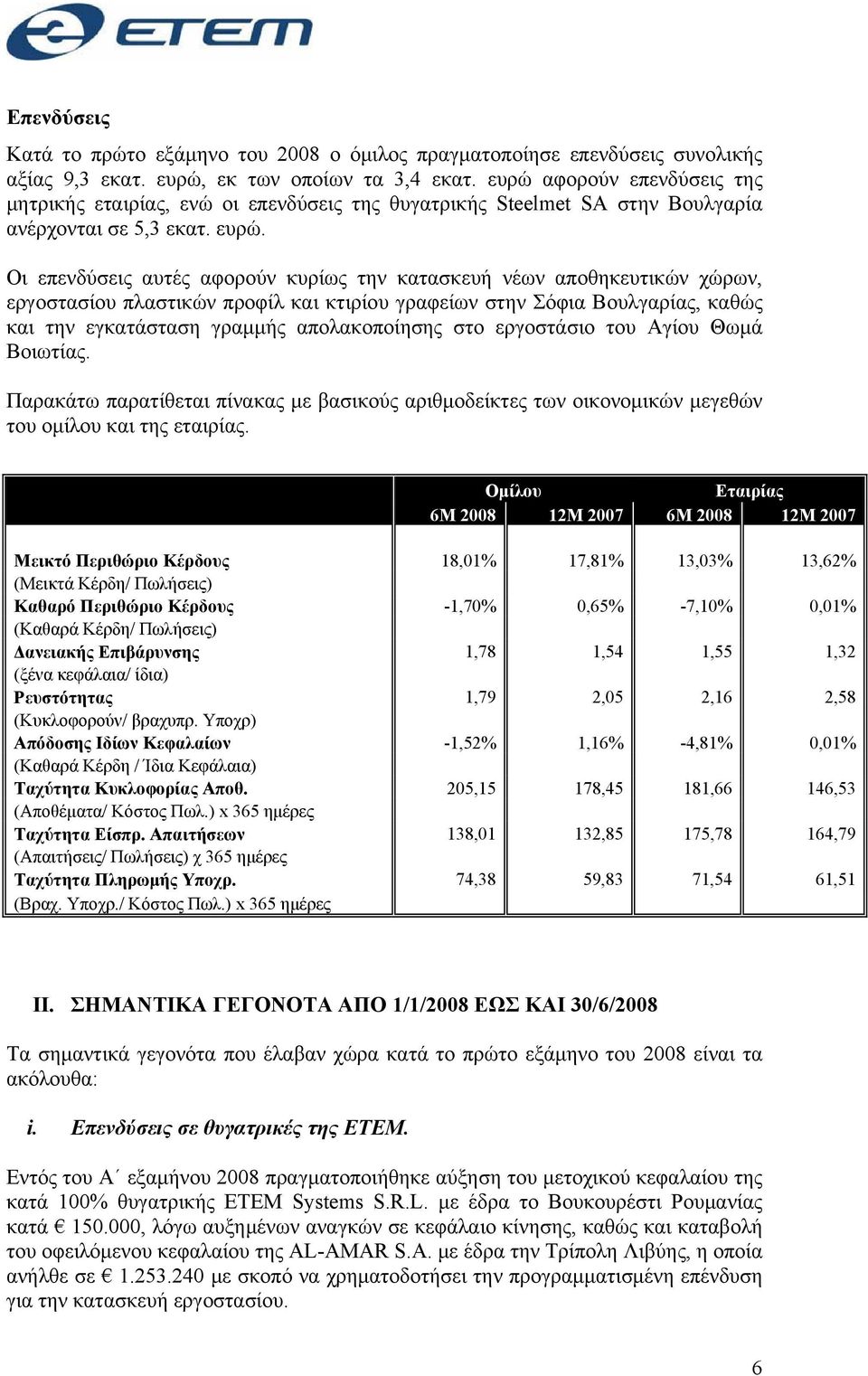 Οι επενδύσεις αυτές αφορούν κυρίως την κατασκευή νέων αποθηκευτικών χώρων, εργοστασίου πλαστικών προφίλ και κτιρίου γραφείων στην Σόφια Βουλγαρίας, καθώς και την εγκατάσταση γραμμής απολακοποίησης