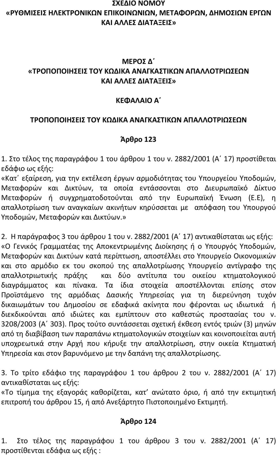 2882/2001 (Α 17) προστίθεται εδάφιο ως εξής: «Κατ εξαίρεση, για την εκτέλεση έργων αρμοδιότητας του Υπουργείου Υποδομών, Μεταφορών και Δικτύων, τα οποία εντάσσονται στο Διευρωπαϊκό Δίκτυο Μεταφορών ή