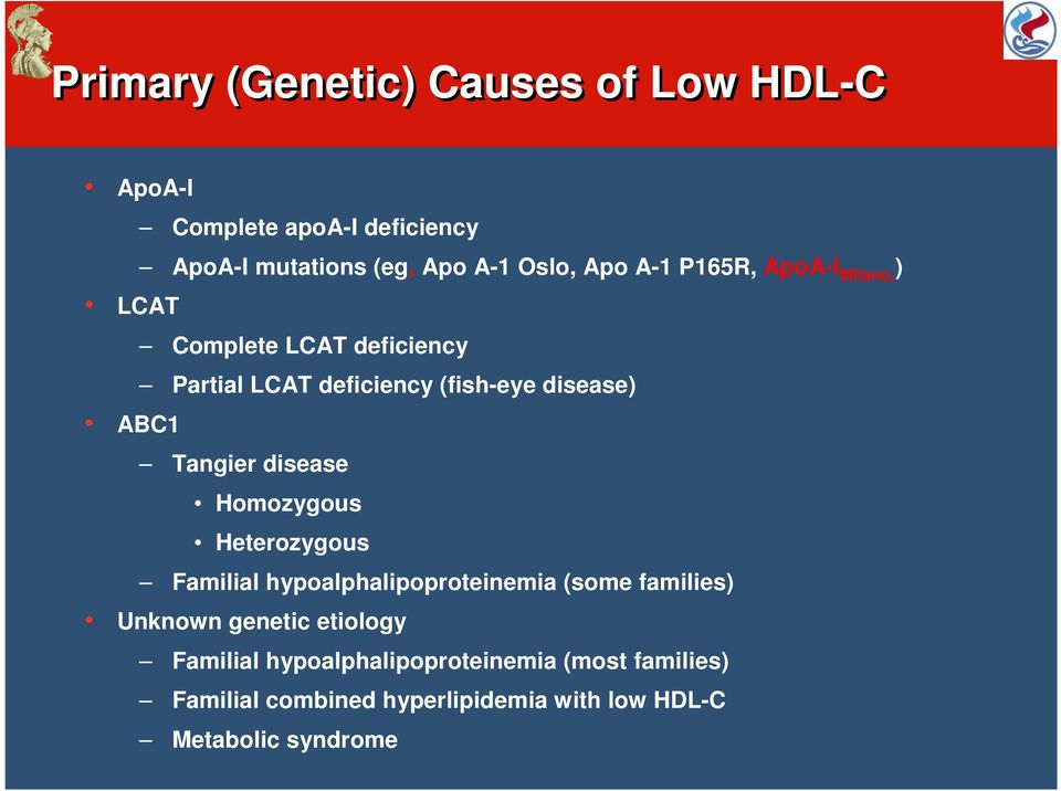 Tangier disease Homozygous Heterozygous Familial hypoalphalipoproteinemia (some families) Unknown genetic
