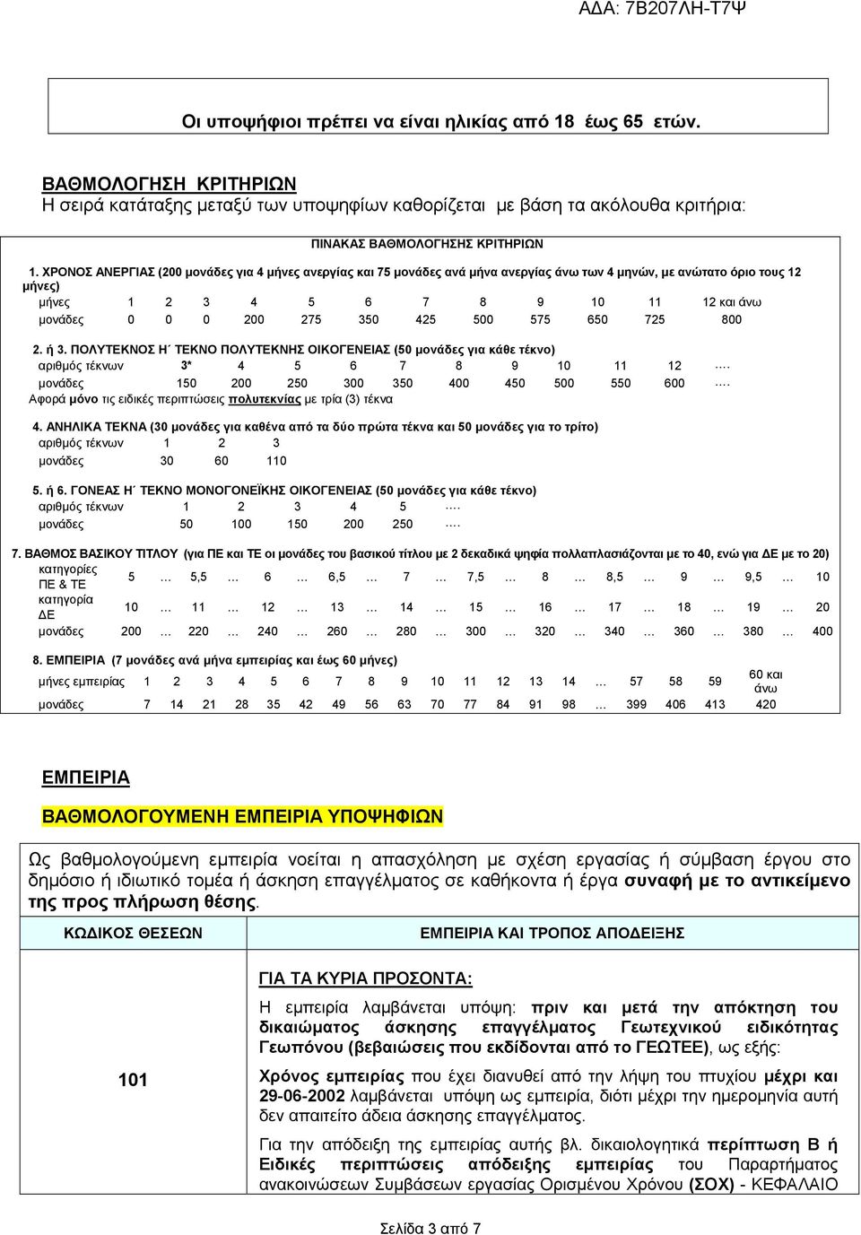 425 500 575 650 725 800 2. ή 3. ΠΟΛΥΤΕΚΝΟΣ Η ΤΕΚΝΟ ΠΟΛΥΤΕΚΝΗΣ ΟΙΚΟΓΕΝΕΙΑΣ (50 µονάδες για κάθε τέκνο) αριθµός τέκνων 3* 4 5 6 7 8 9 10 11 12. µονάδες 150 200 250 300 350 400 450 500 550 600.