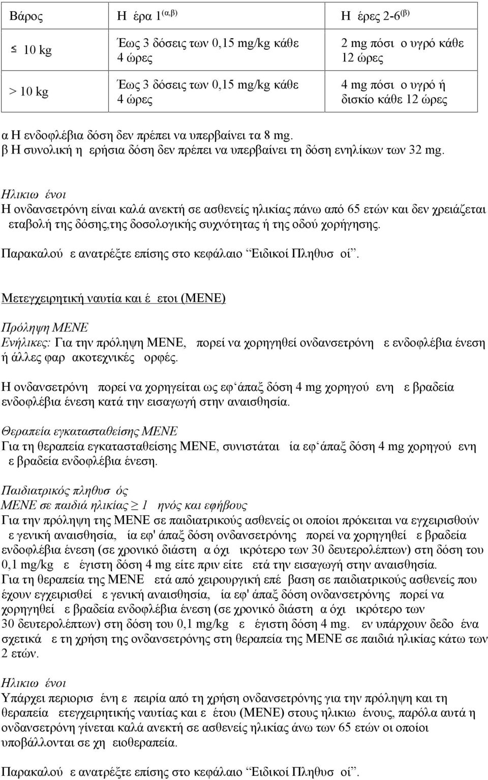 Ηλικιωμένοι Η ονδανσετρόνη είναι καλά ανεκτή σε ασθενείς ηλικίας πάνω από 65 ετών και δεν χρειάζεται μεταβολή της δόσης,της δοσολογικής συχνότητας ή της οδού χορήγησης.