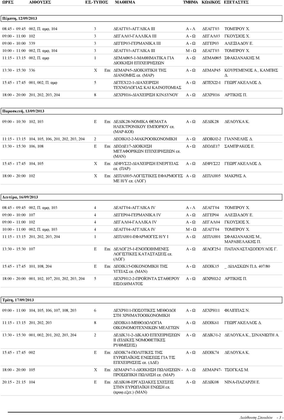 αμφ 1 ΔΕΜΑΘ05-1-ΜΑΘΗΜΑΤΙΚΑ ΓΙΑ ΔΙΟΙΚΗΣΗ ΕΠΙΧΕΙΡΗΣΕΩΝ 13:30-15:30 336 X Eπιλ ΔΕΜΑΡ45-ΔΙΟΙΚΗΤΙΚΗ ΤΗΣ ΔΙΑΝΟΜΗΣ επ. (ΜΑΡ) 15:45-17:45 001, 002, Π.