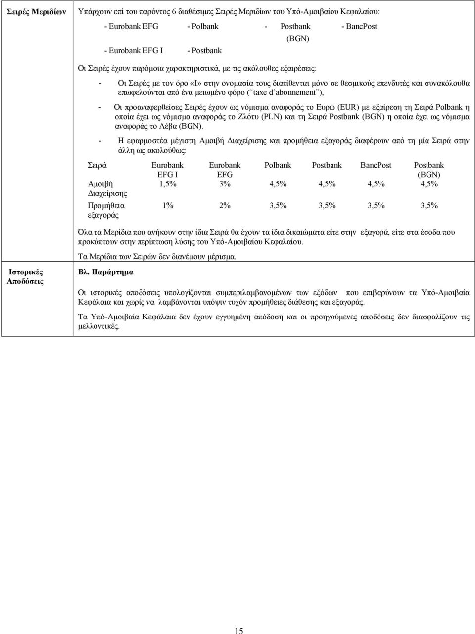 abonnement ), - Οι προαναφερθείσες Σειρές έχουν ως νόµισµα αναφοράς το Ευρώ (EUR) µε εξαίρεση τη Σειρά Polbank η οποία έχει ως νόµισµα αναφοράς το Ζλότυ (PLN) και τη Σειρά Postbank (BGN) η οποία έχει