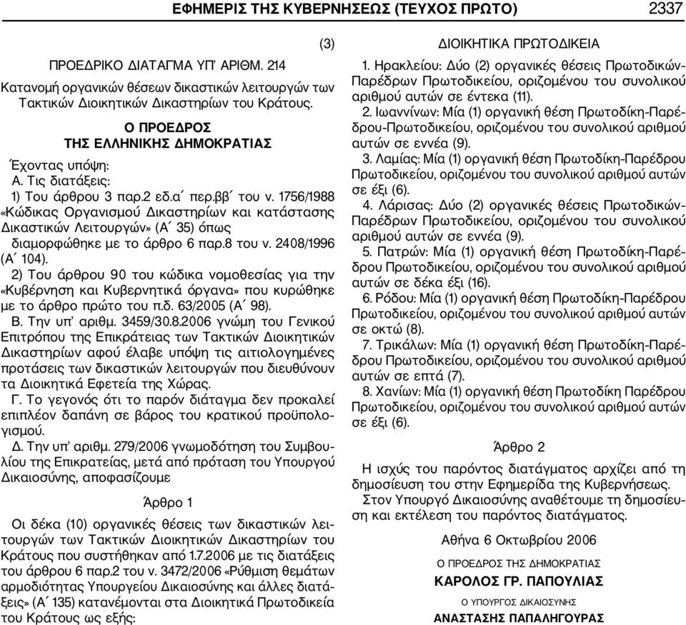 1756/1988 «Κώδικας Οργανισμού Δικαστηρίων και κατάστασης Δικαστικών Λειτουργών» (Α 35) όπως διαμορφώθηκε με το άρθρο 6 παρ.8 του ν. 2408/1996 (Α 104).