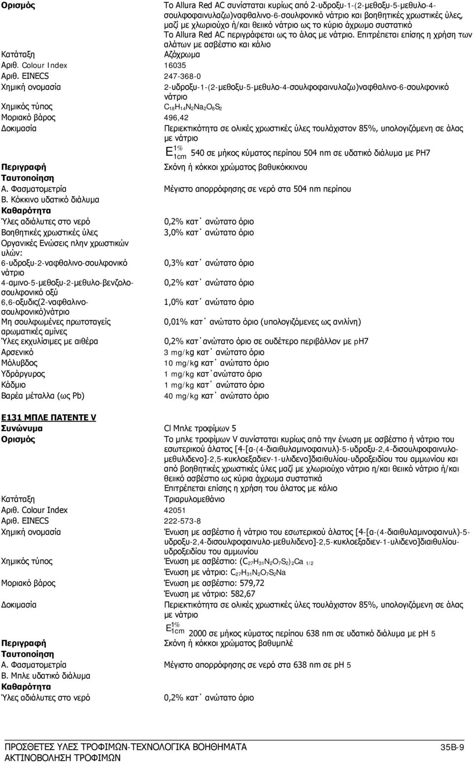 INCS 247-368-0 2-υδροξυ-1-(2-μεθοξυ-5-μεθυλο-4-σουλφοφαινυλαζω)ναφθαλινο-6-σουλφονικό νάτριο Χημικός τύπος C 18H 14N 2Na 2O 8S 2 Mοριακό βάρος 496,42 Περιεκτικότητα σε ολικές χρωστικές ύλες