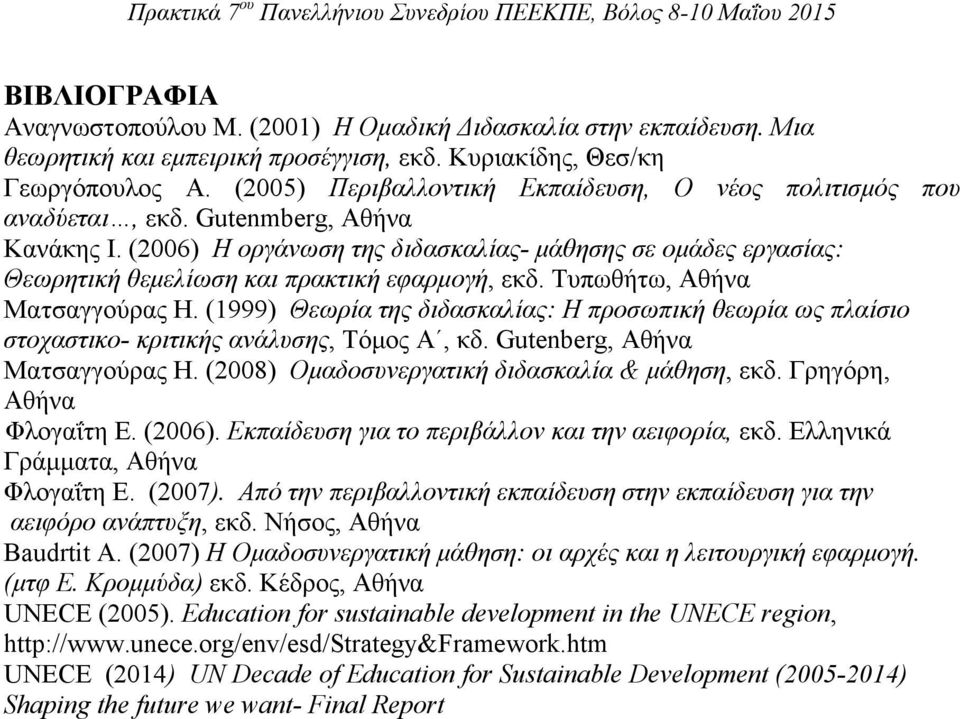 (2006) Η οργάνωση της διδασκαλίας- μάθησης σε ομάδες εργασίας: Θεωρητική θεμελίωση και πρακτική εφαρμογή, εκδ. Τυπωθήτω, Αθήνα Ματσαγγούρας Η.