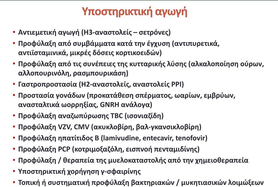 ωορρηξίας, GNRH ανάλογα) Προφύλαξη αναζωπύρωσης TBC (ισονιαζίδη) Προφύλαξη VZV, CMV (ακυκλοβίρη, βαλ-γκανσικλοβίρη) Προφύλαξη ηπατίτιδος Β (lamivudine, entecavir, tenofovir) Προφύλαξη PCP