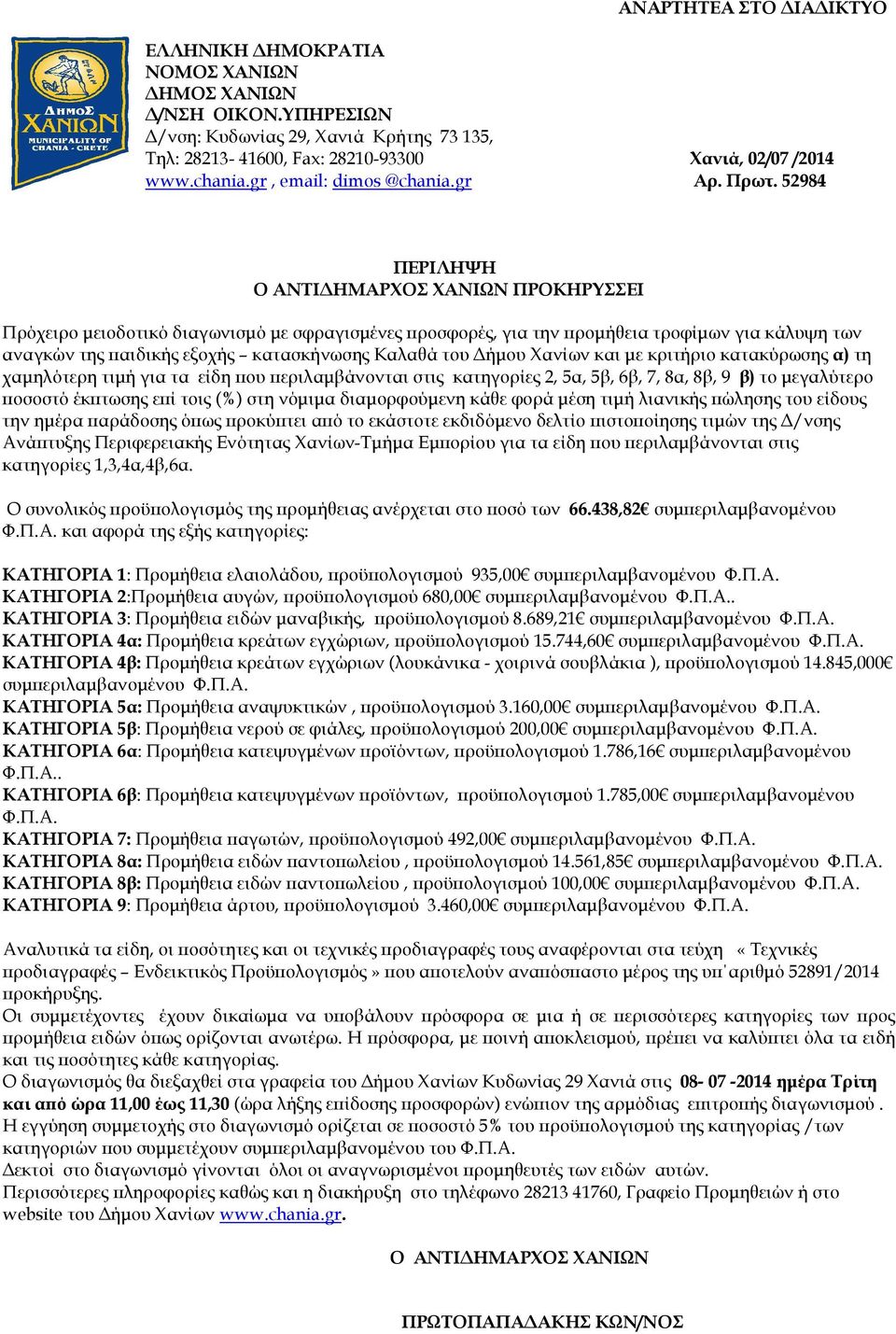 52984 ΠΕΡΙΛΗΨΗ Ο ΑΝΤΙ ΗΜΑΡΧΟΣ ΧΑΝΙΩΝ ΠΡΟΚΗΡΥΣΣΕΙ Πρόχειρο µειοδοτικό διαγωνισµό µε σφραγισµένες ροσφορές, για την ροµήθεια τροφίµων για κάλυψη των αναγκών της αιδικής εξοχής κατασκήνωσης Καλαθά του