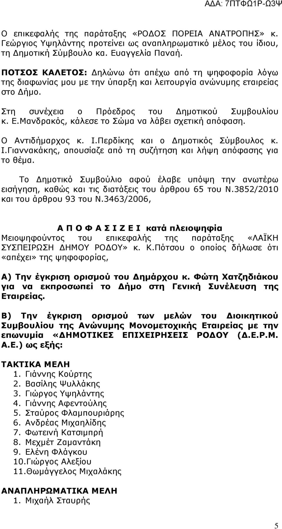 Μανδρακός, κάλεσε το Σώµα να λάβει σχετική απόφαση. Ο κ. Ι.Περδίκης και ο ηµοτικός Σύµβουλος κ. Ι.Γιαννακάκης, απουσίαζε από τη συζήτηση και λήψη απόφασης για το θέµα.