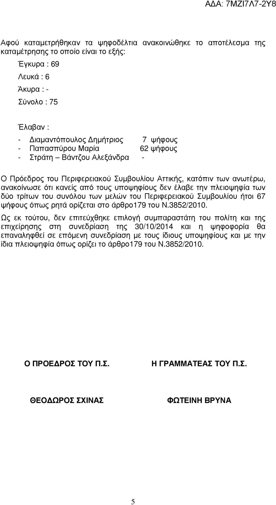 δύο τρίτων του συνόλου των µελών του Περιφερειακού Συµβουλίου ήτοι 67 ψήφους όπως ρητά ορίζεται στο άρθρο179 του Ν.3852/2010.